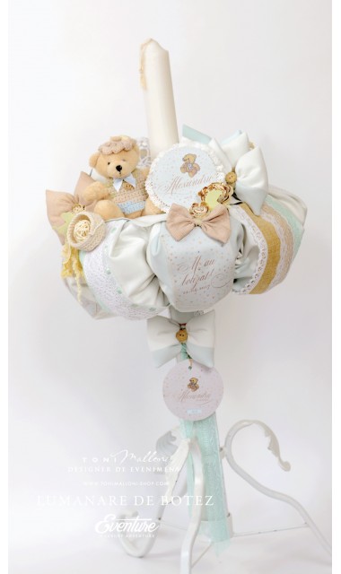Lumanare de botez pentru baieti cu ursuleti si stelute aurii, 65x4cm, Tiny Teddy Bear 5
